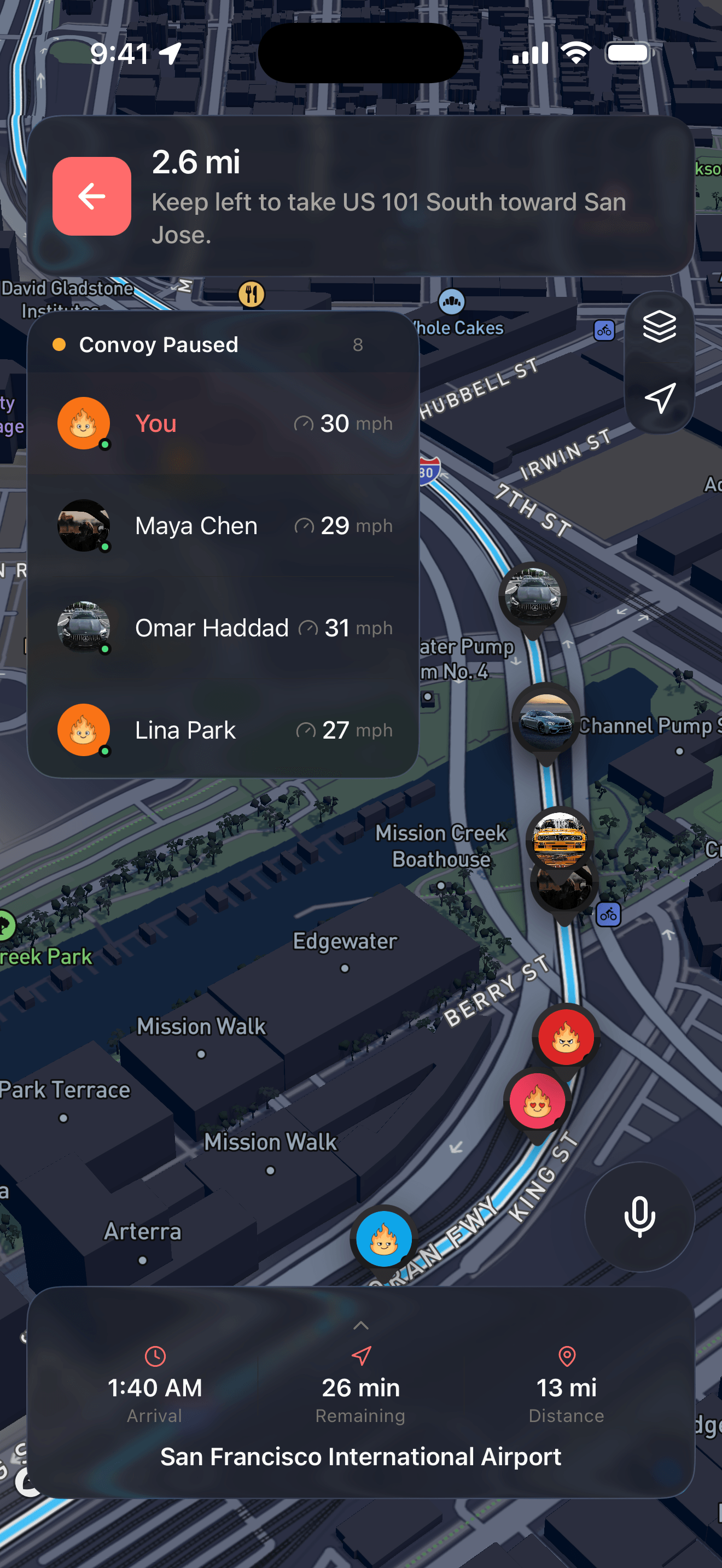An active convoy with each driver’s live speed