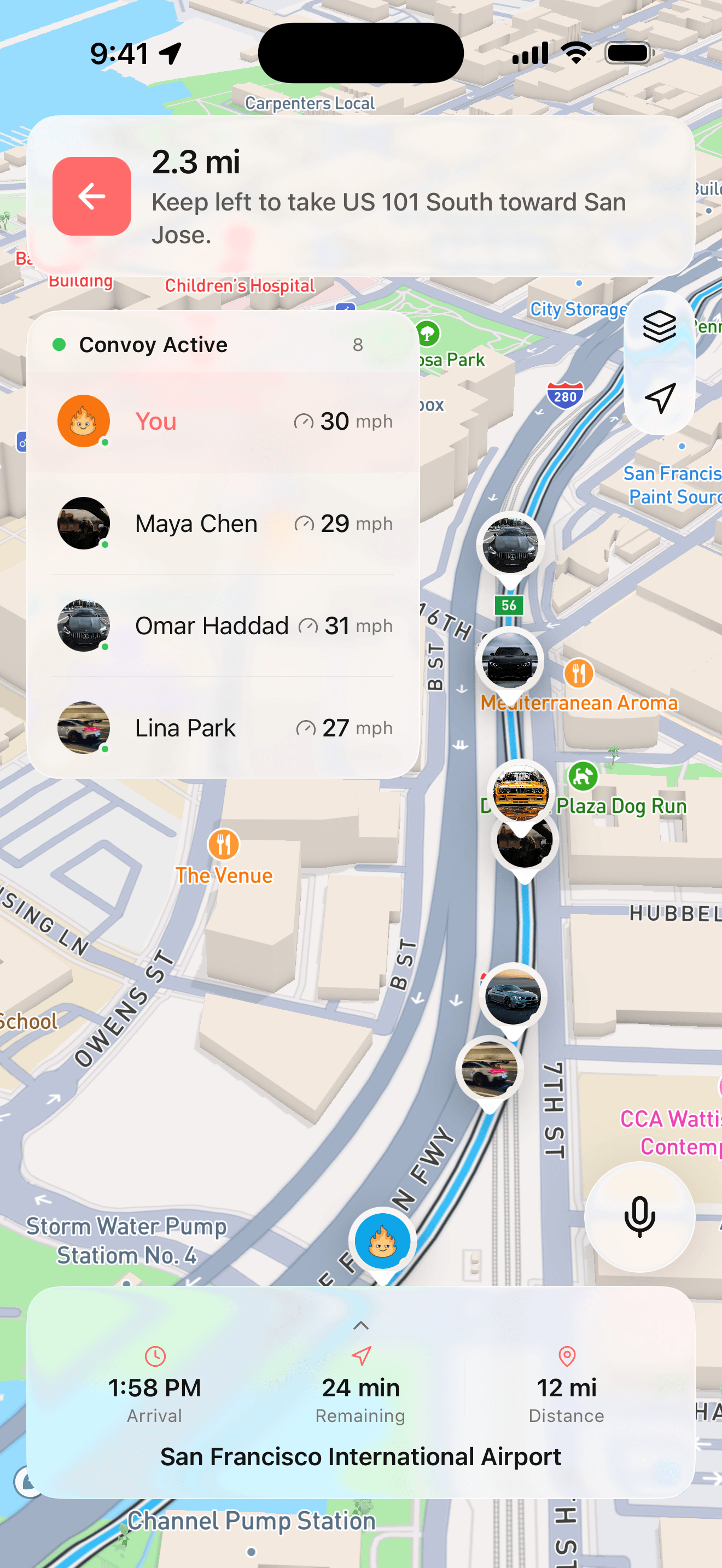 An active LiveMap convoy: the route, the next turn and each driver's live speed