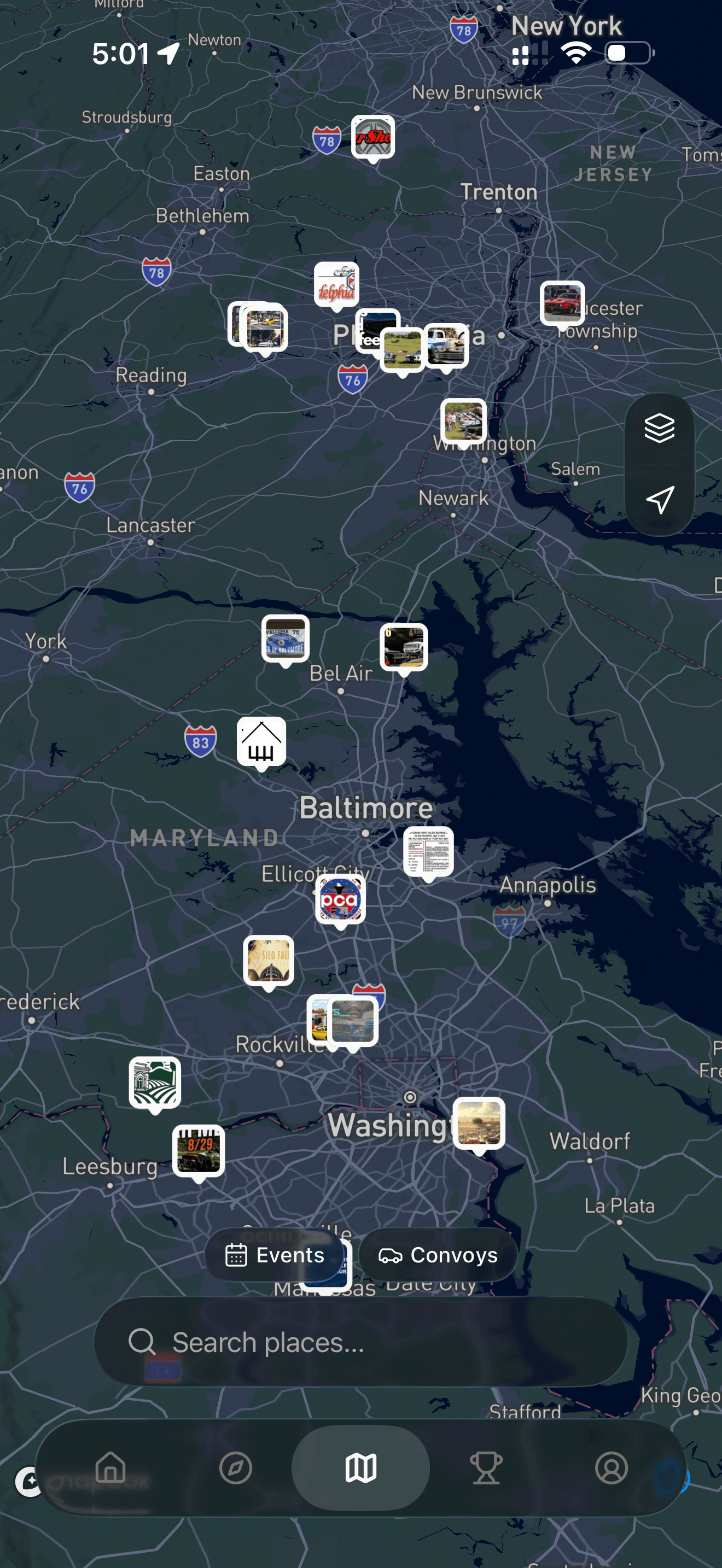 The LiveMap map with nearby meets and convoys
